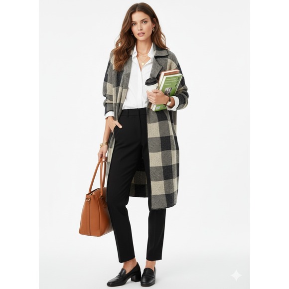 Baltic Born Cardigan Womens 1X Black Beige Open Front Plaid Oversized Longline - Picture 1 of 16